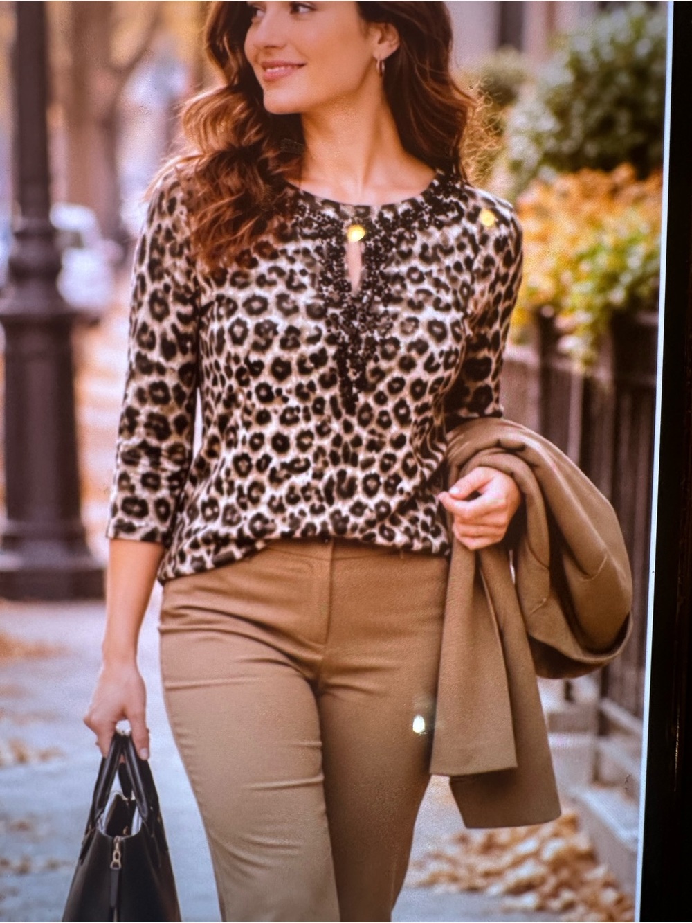 INC Leopard Print Keyhole Knit Top - Brown light weight